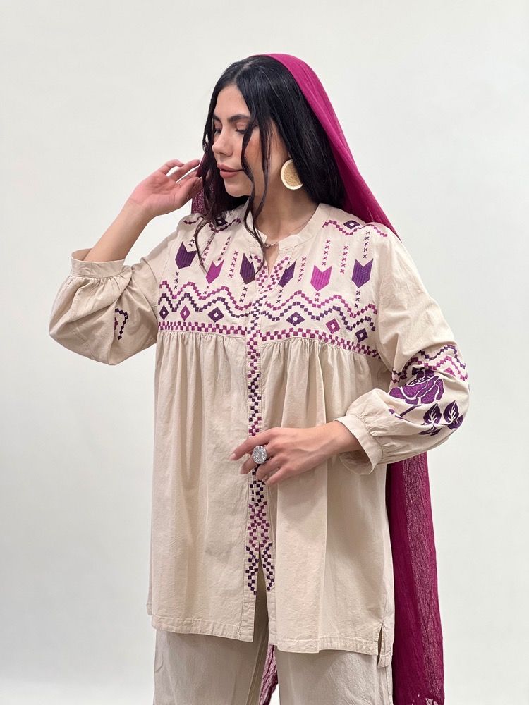 تونیک مانتو الیاف طبیعی گلدوزی مدل «گندم»